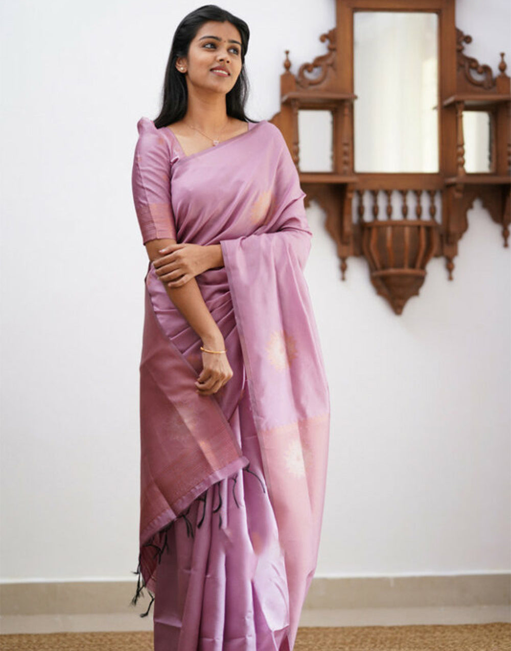 Onion Pink Banarasi Silk Saree With Weaving Work
