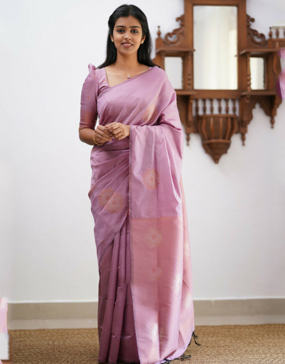 Onion Pink Banarasi Silk Saree With Weaving Work