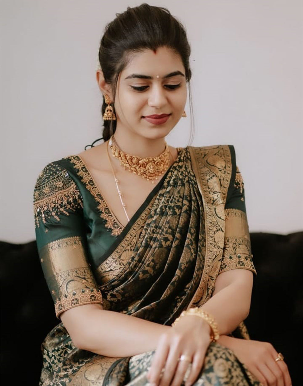 Army Green Banarasi Silk Saree With Weaving Work