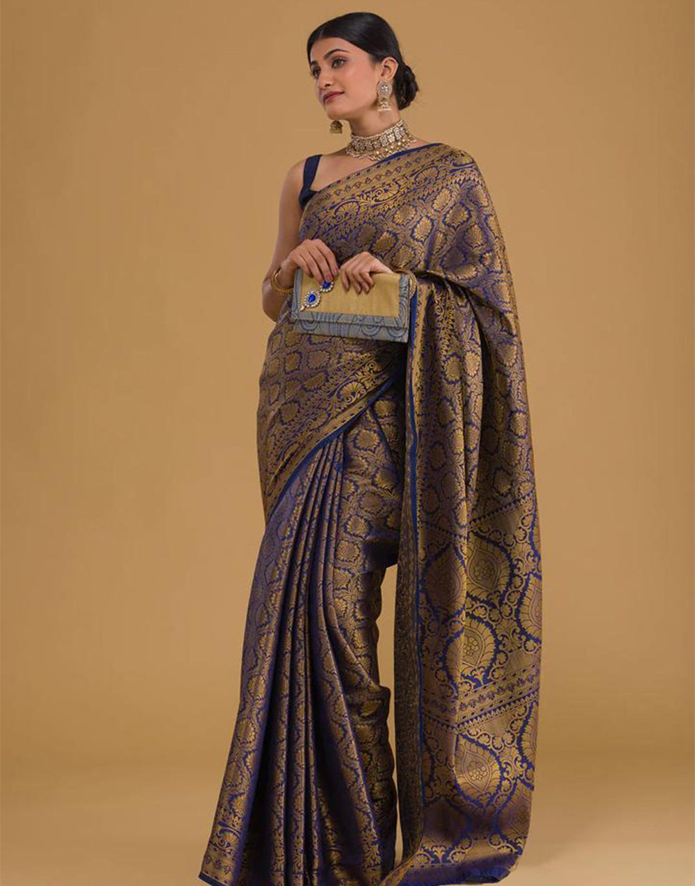 Navy Blue Banarasi Silk With Copper Zari Weaving Work