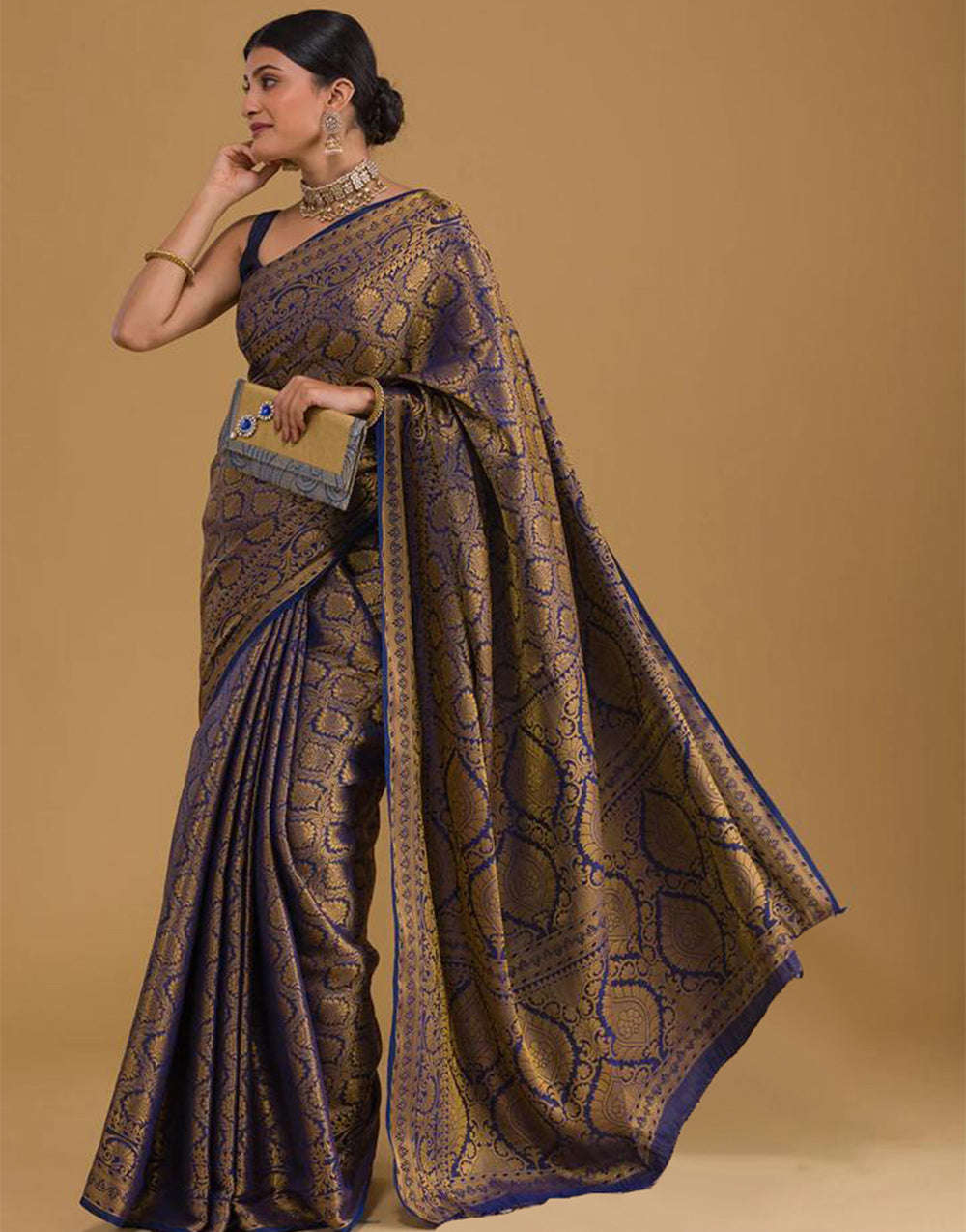 Navy Blue Banarasi Silk With Copper Zari Weaving Work