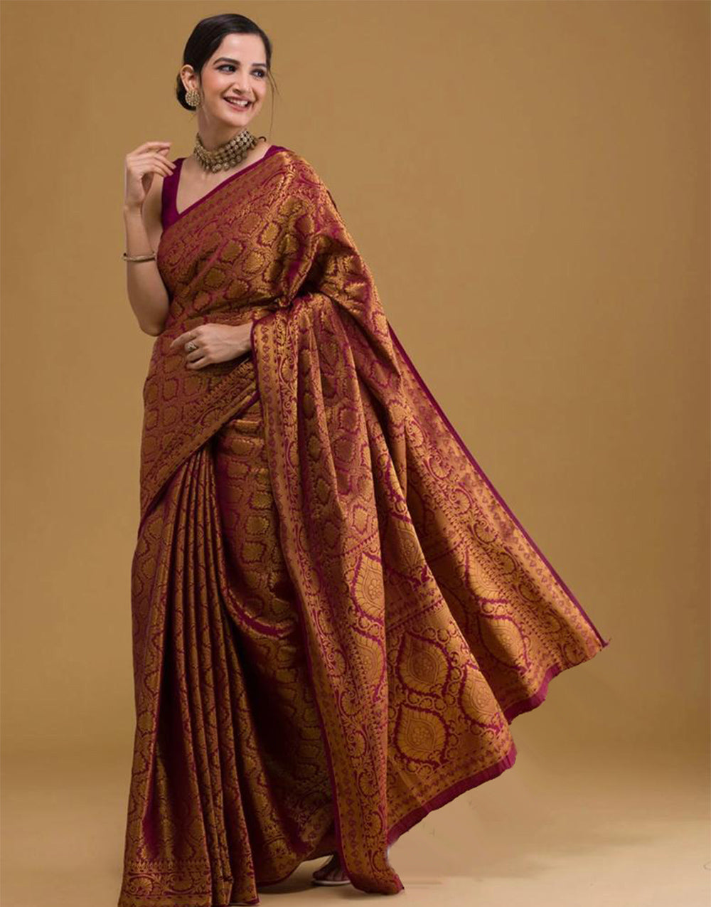Maroon Banarasi Silk With Copper Zari Weaving Work
