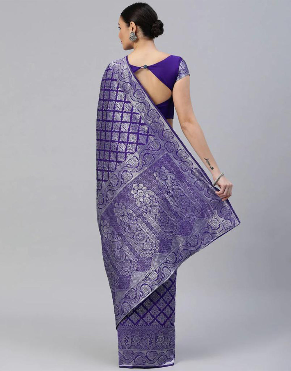 Purple Banarasi Silk Saree With Silver Zari Weaving Work