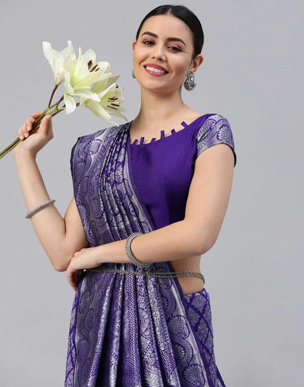 Purple Banarasi Silk Saree With Silver Zari Weaving Work