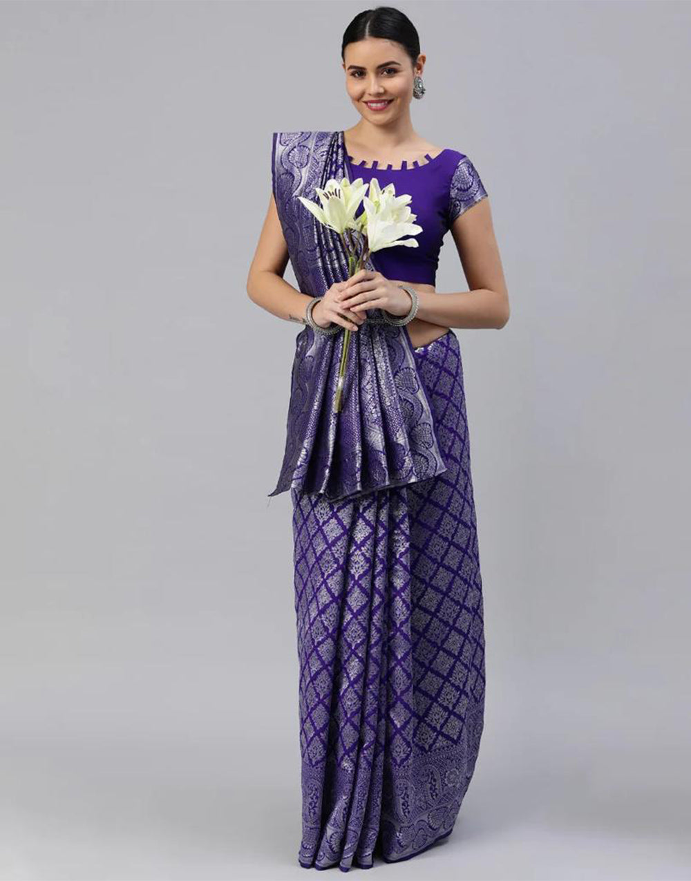 Purple Banarasi Silk Saree With Silver Zari Weaving Work