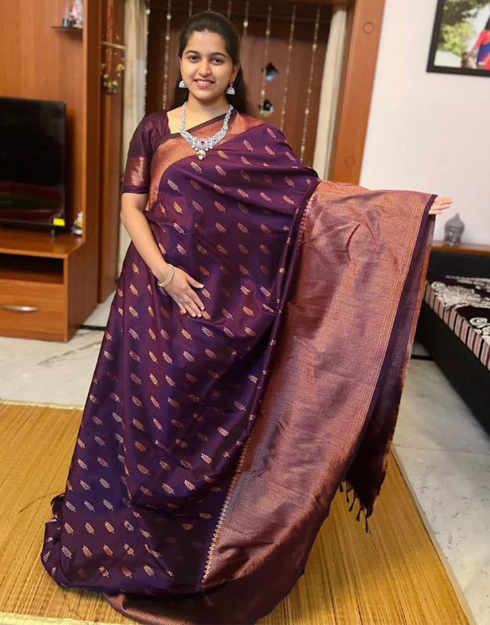Wine Banarasi Silk Saree With Zari Weaving Work