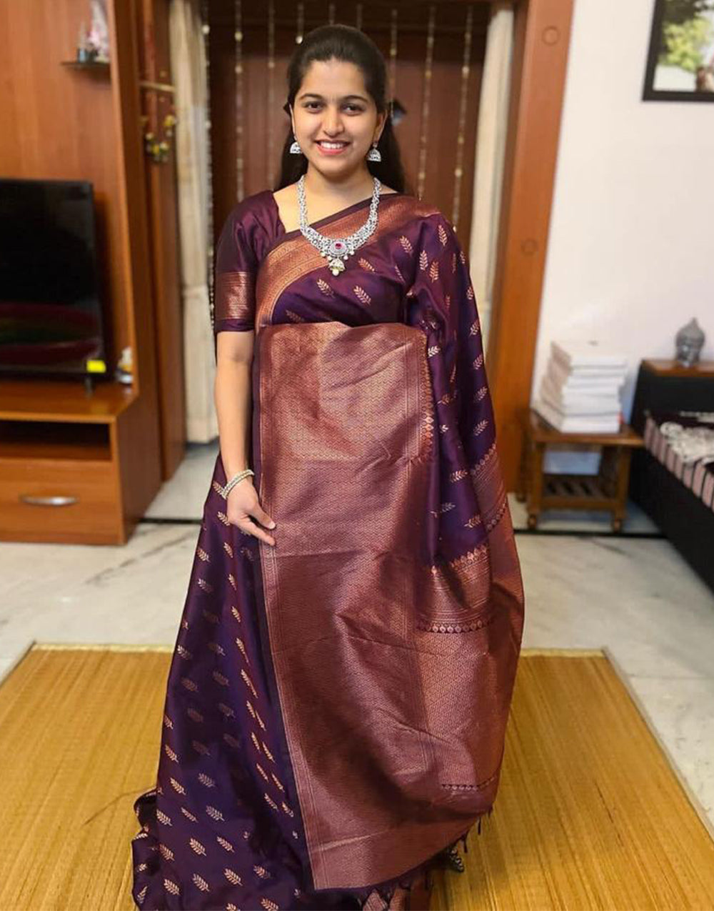 Wine Banarasi Silk Saree With Zari Weaving Work