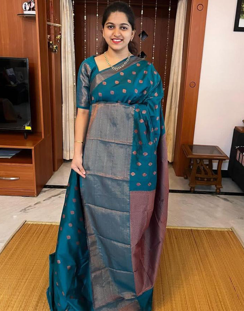 Teal Blue Banarasi Silk Saree With Zari Weaving Work