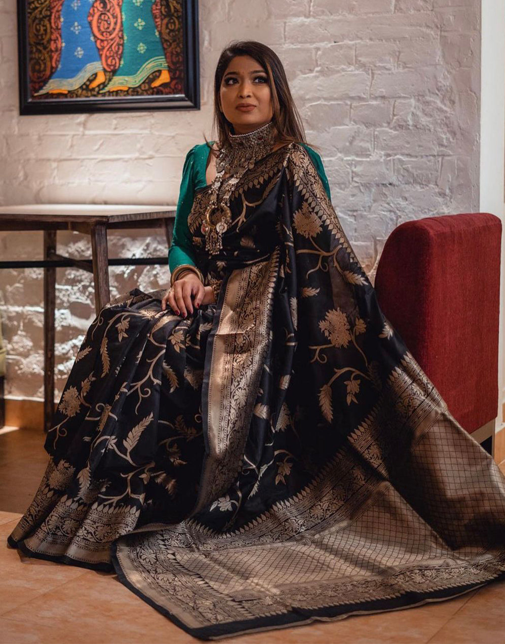 Black Banarasi Silk Saree With Zari Weaving Work