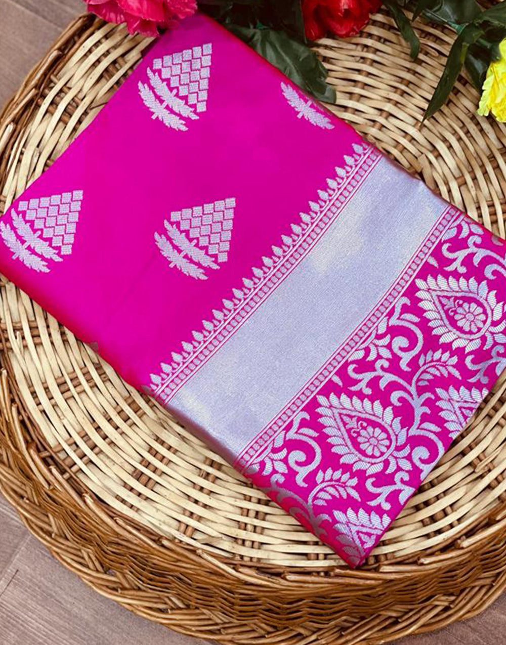 Rani Pink Banarasi Soft Silk Saree With Zari Weaving Work