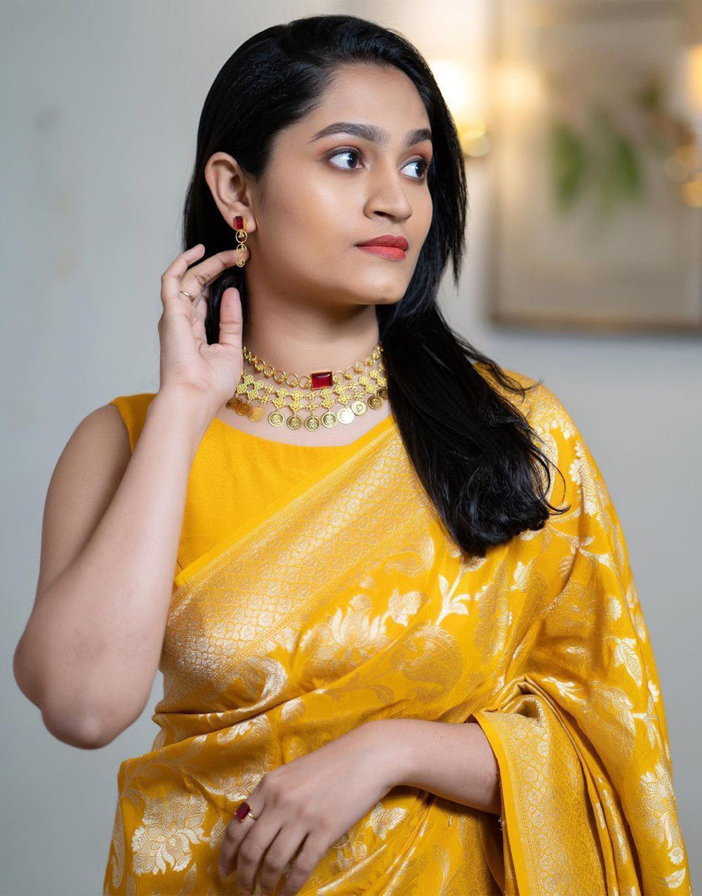Mustard Kanjivaram Silk Saree With Weaving Work