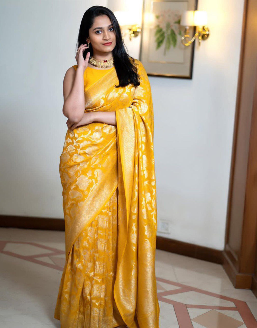 Mustard Kanjivaram Silk Saree With Weaving Work