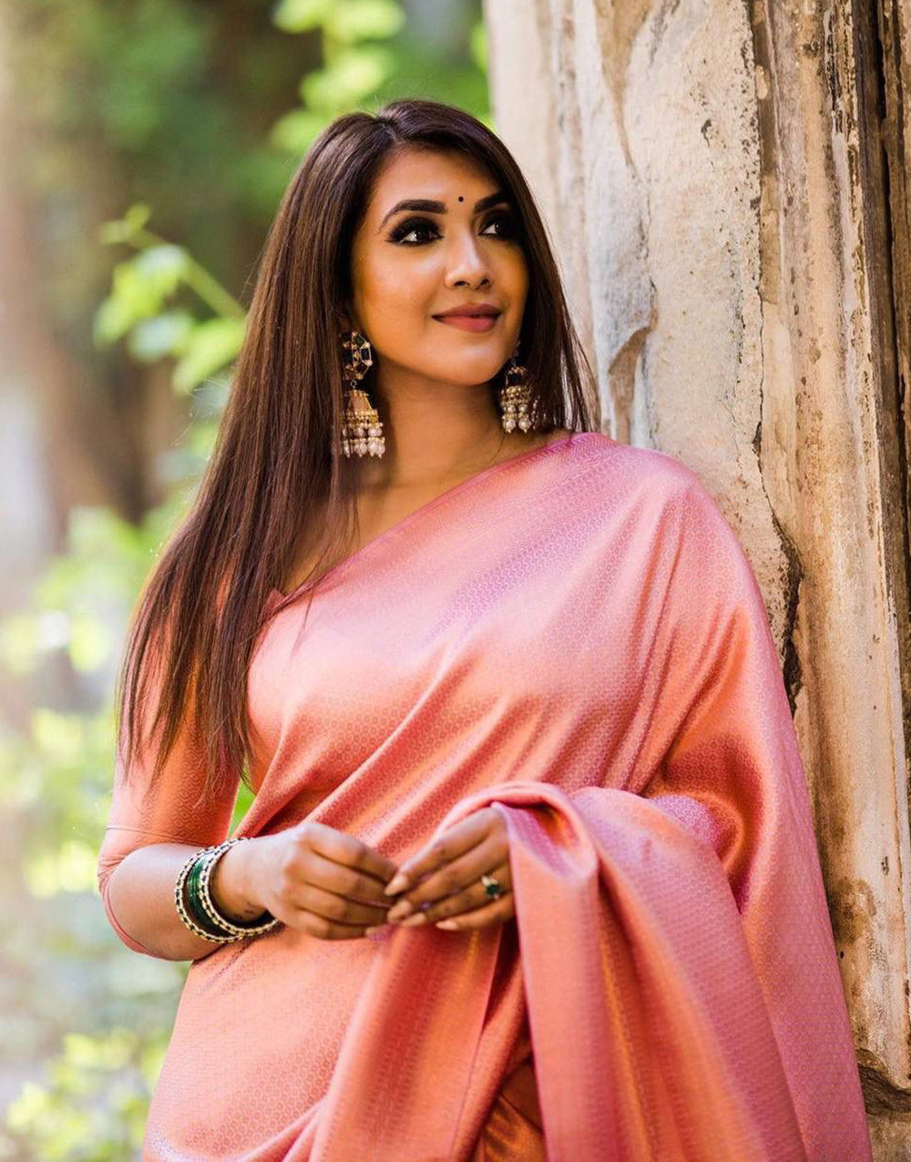 Peach Pink Banarasi Silk Saree With Zari Weaving Work