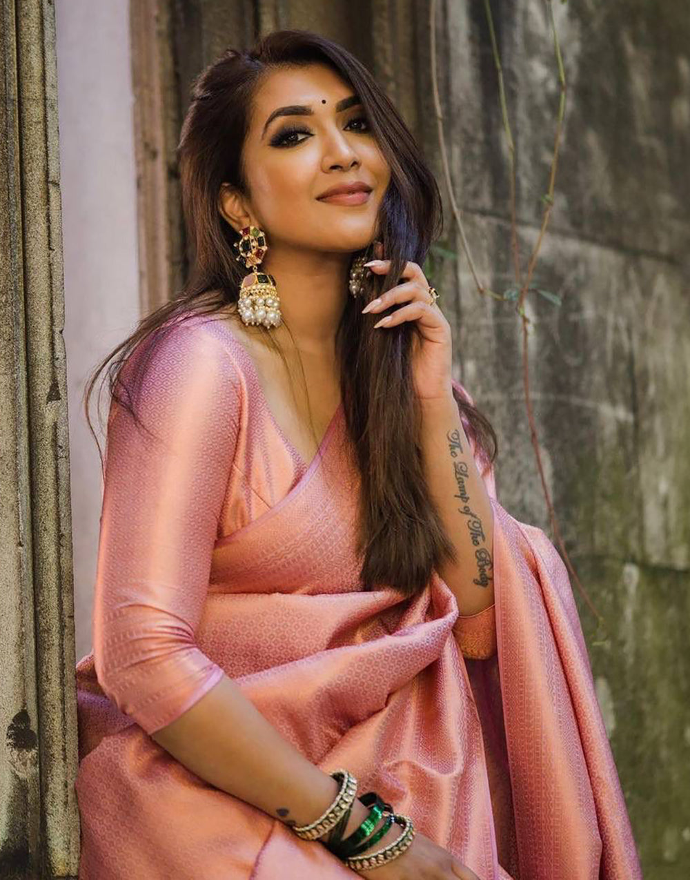 Peach Pink Banarasi Silk Saree With Zari Weaving Work