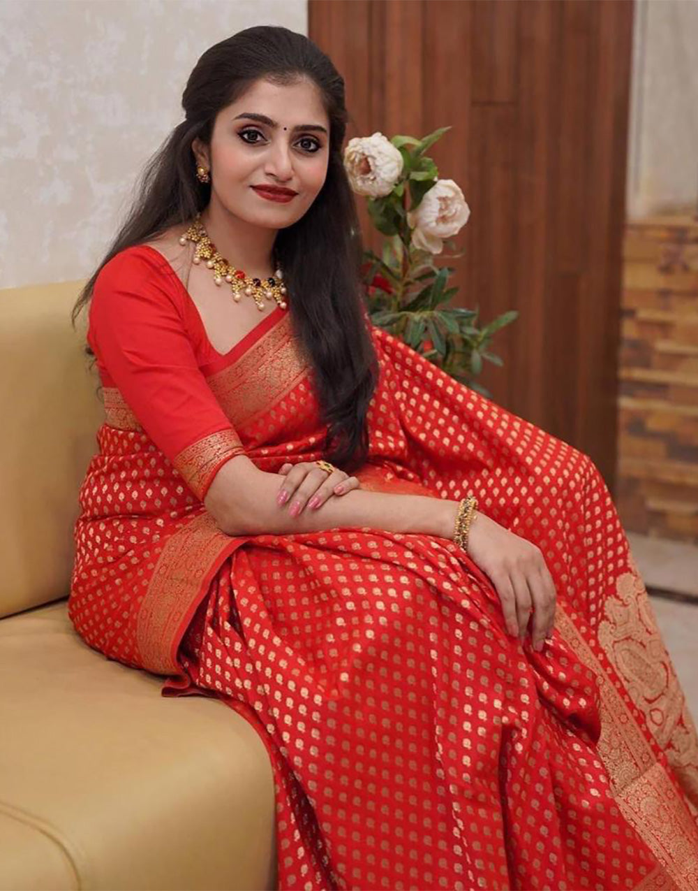 Rose Red Banarasi Soft Silk Saree With Zari Weaving Work
