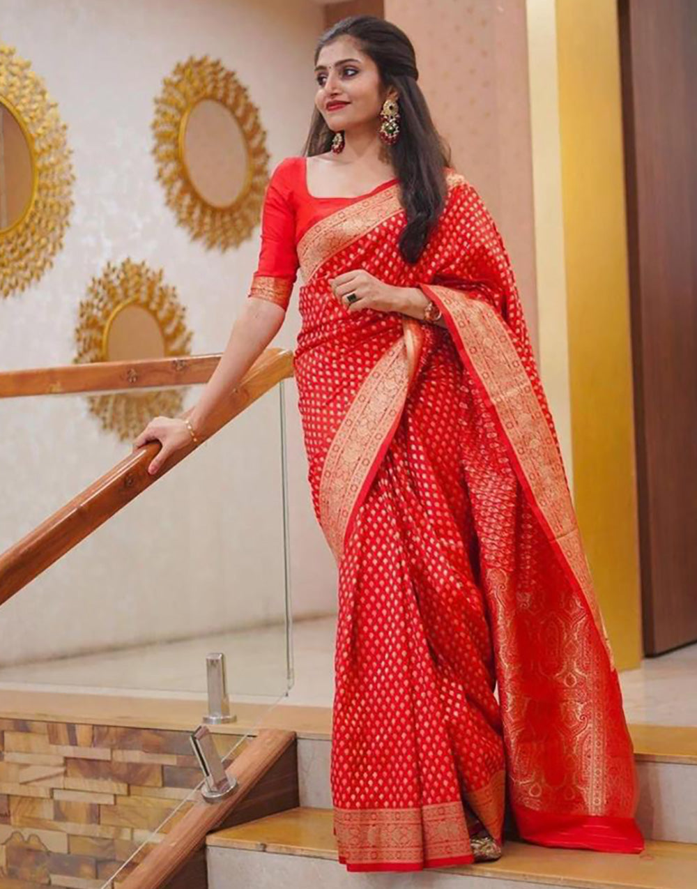 Rose Red Banarasi Soft Silk Saree With Zari Weaving Work