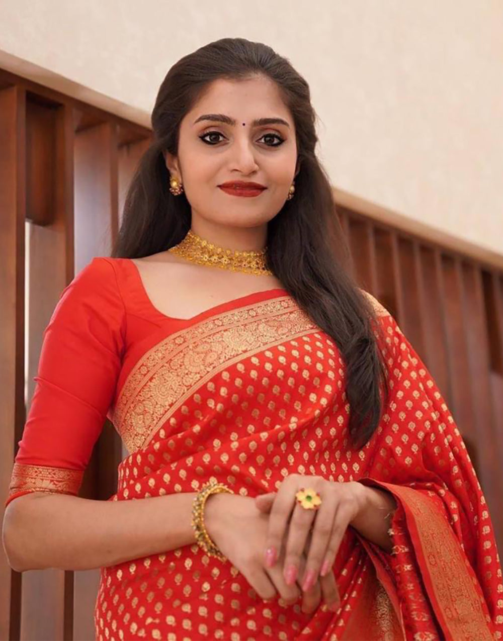 Rose Red Banarasi Soft Silk Saree With Zari Weaving Work