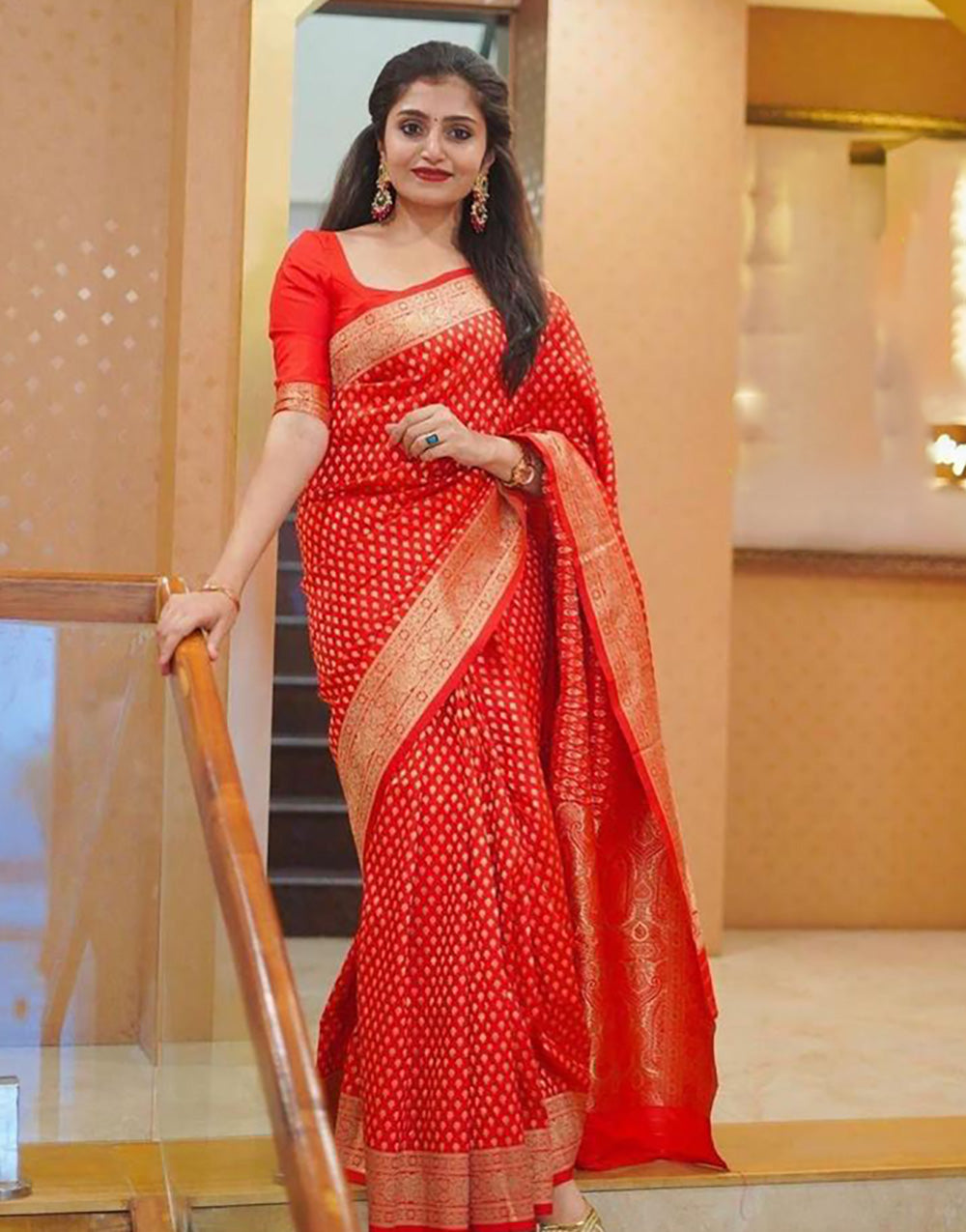 Rose Red Banarasi Soft Silk Saree With Zari Weaving Work
