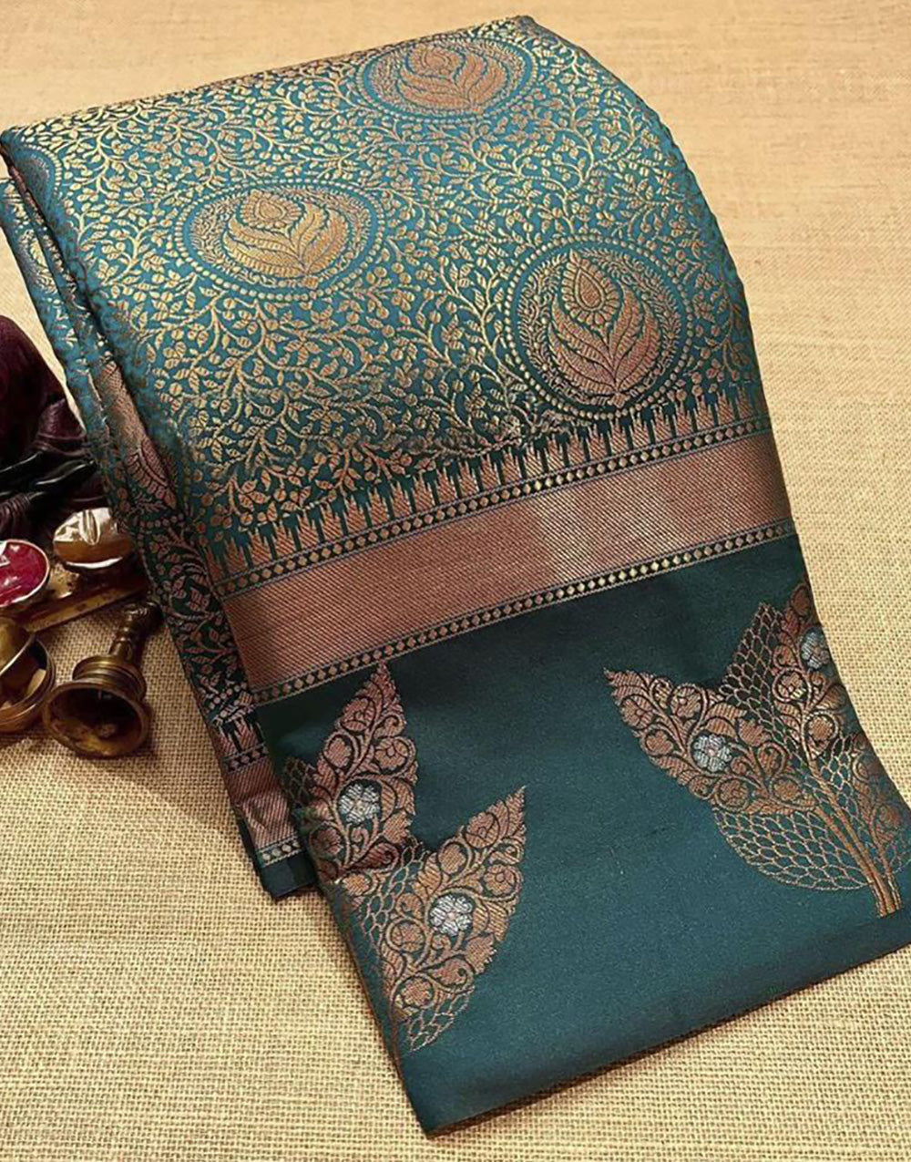 Teal Green Kanjivaram Silk Saree With Weaving Border