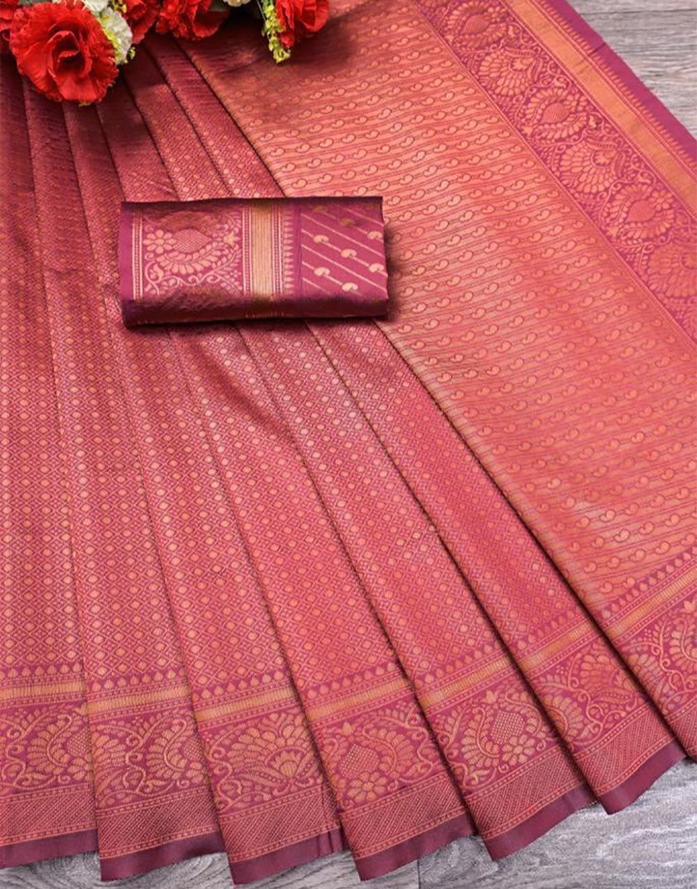 Brick Red Banarasi Silk Saree With Zari Weaving Work