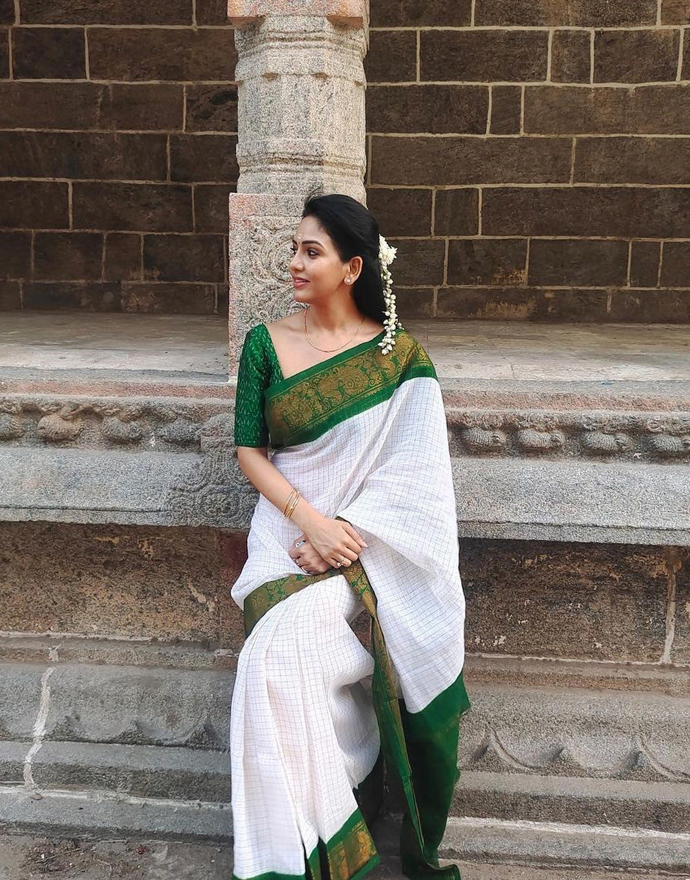 White & Green Banarasi Silk Saree With Zari Weaving Border