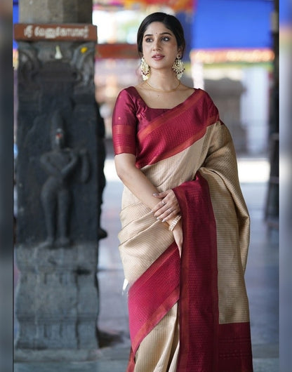 Cream Banarasi Soft Silk Saree With Zari Weaving Work