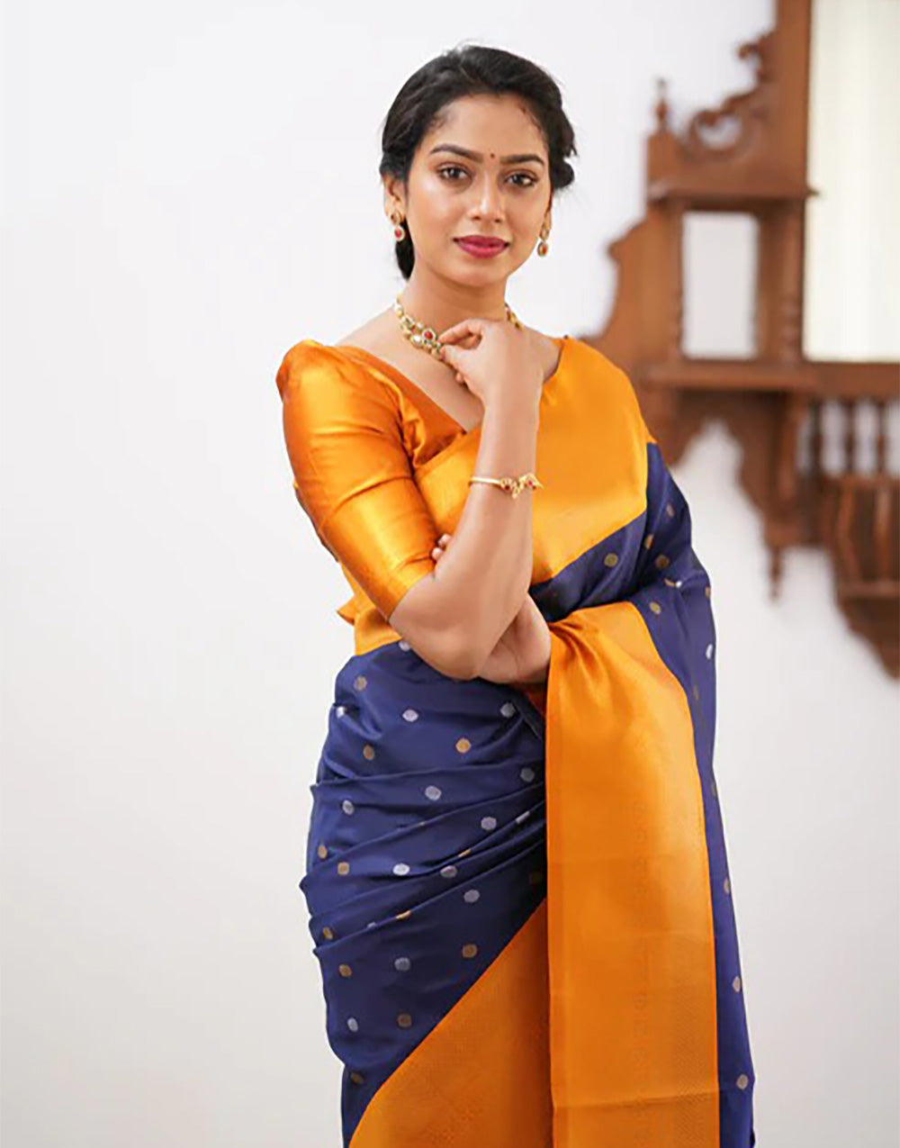 Yellow & Navy Blue Banarasi Soft Silk Saree With Weaving Work