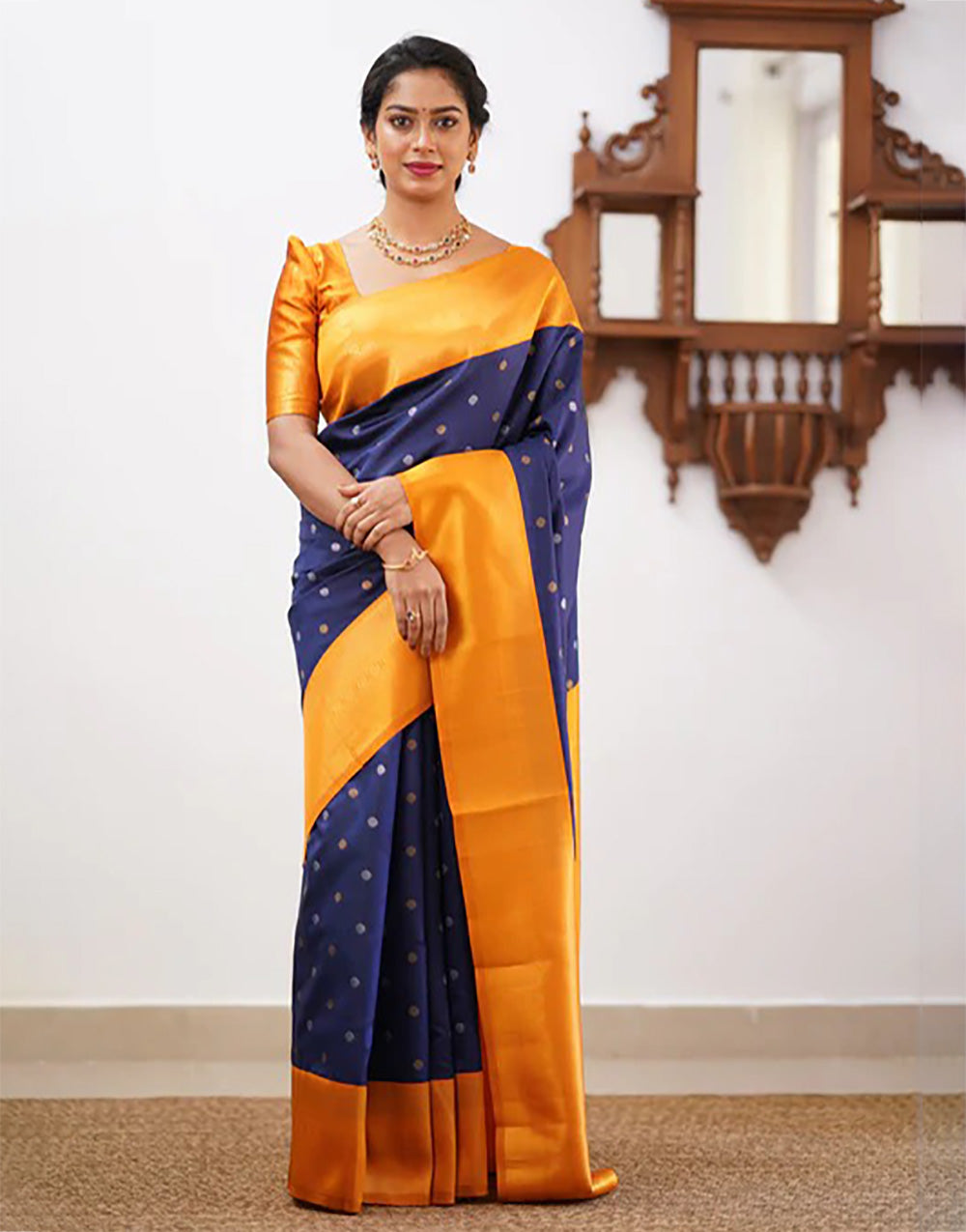 Yellow & Navy Blue Banarasi Soft Silk Saree With Weaving Work