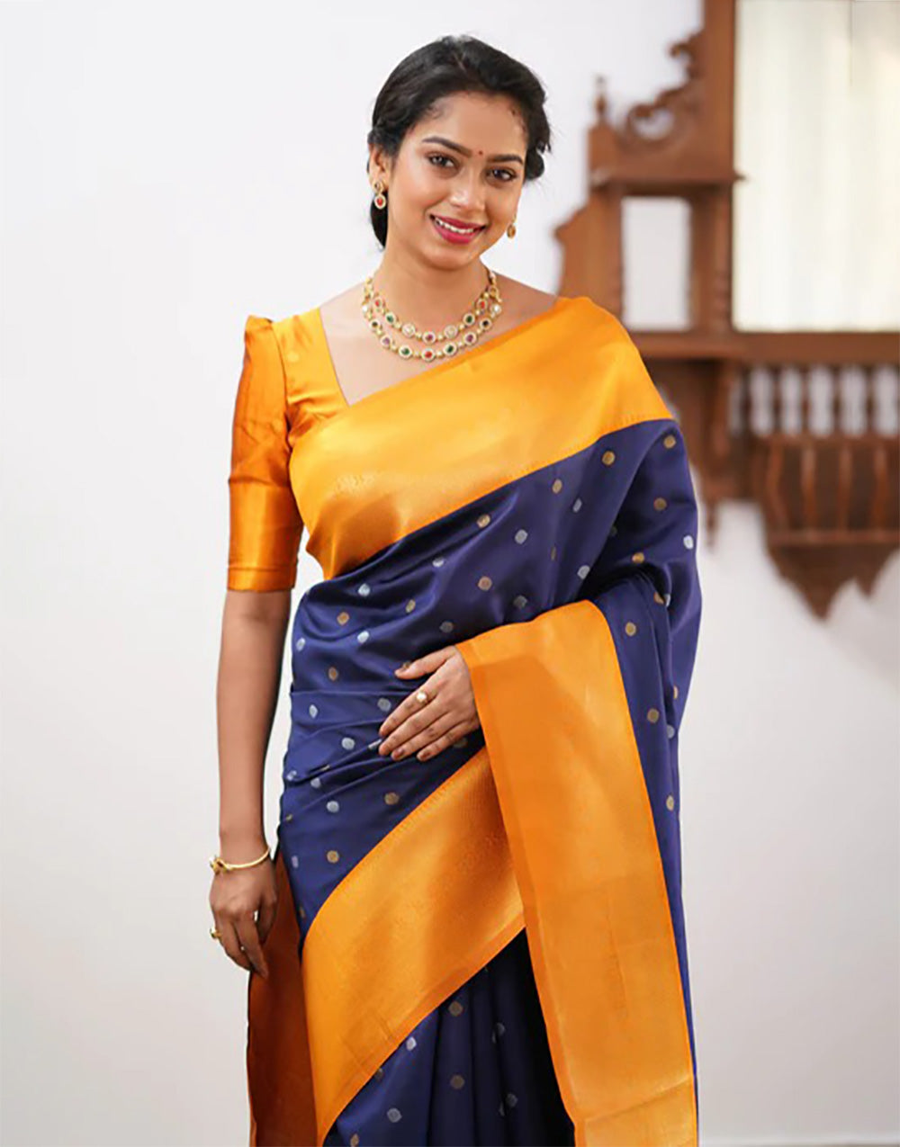 Yellow & Navy Blue Banarasi Soft Silk Saree With Weaving Work