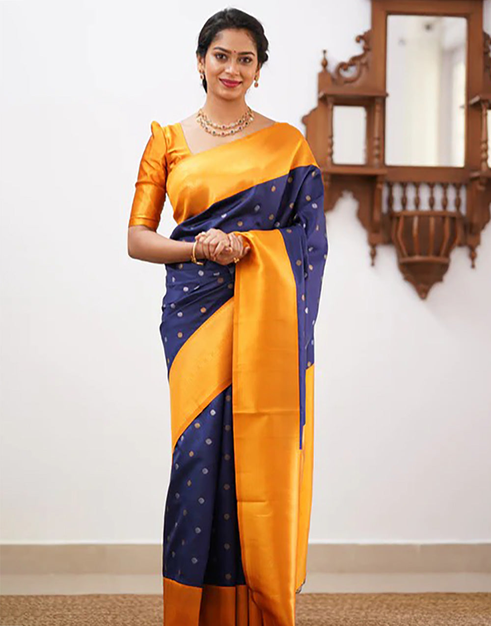 Yellow & Navy Blue Banarasi Soft Silk Saree With Weaving Work
