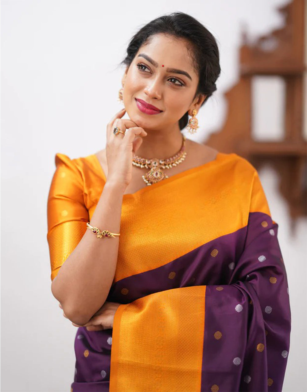 Yellow & Wine Banarasi Soft Silk Saree With Weaving Work