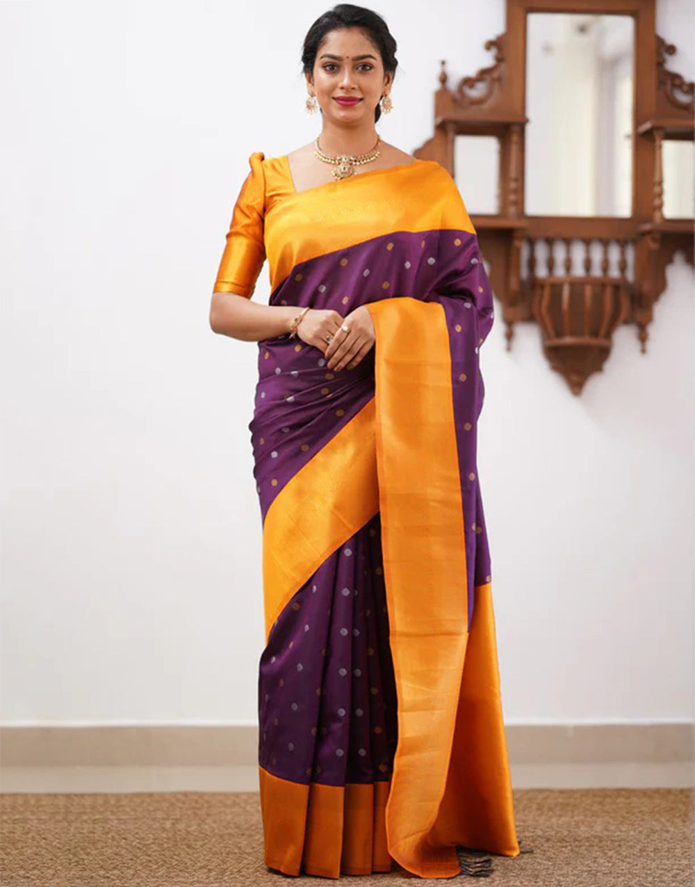 Yellow & Wine Banarasi Soft Silk Saree With Weaving Work