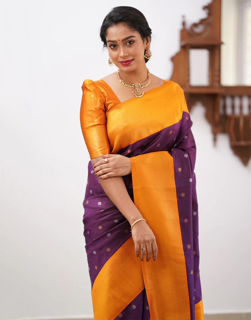 Yellow & Wine Banarasi Soft Silk Saree With Weaving Work