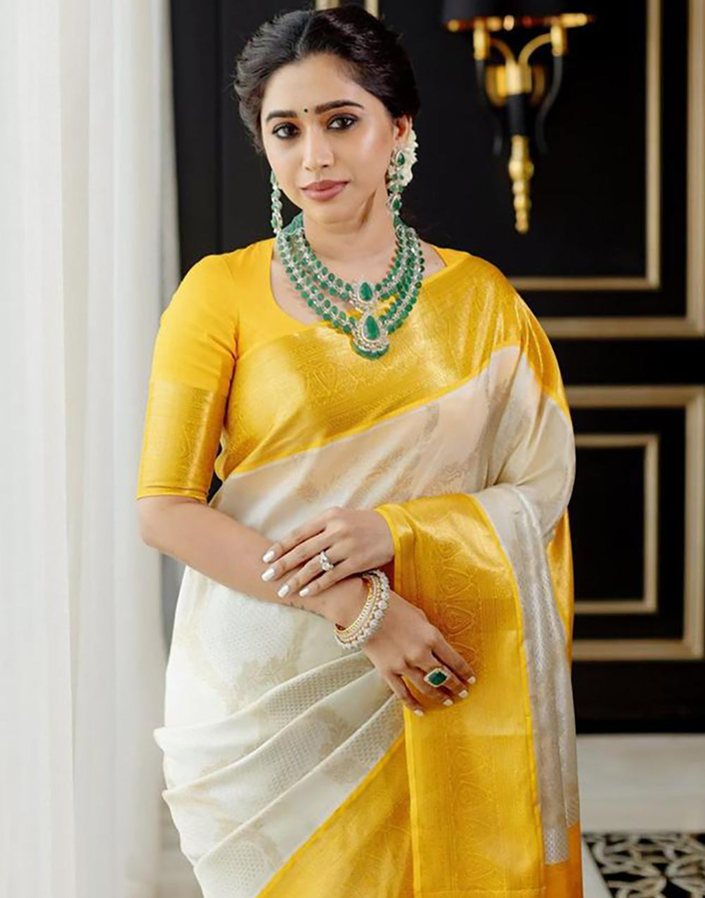 Yellow Sari Silk Jewelry Yellow Cream Banarasi Silk Saree With