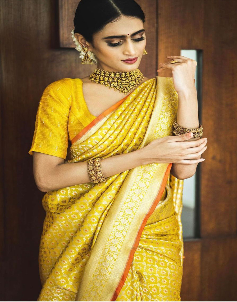 Yellow Banarasi Soft Silk Saree With Weaving Work