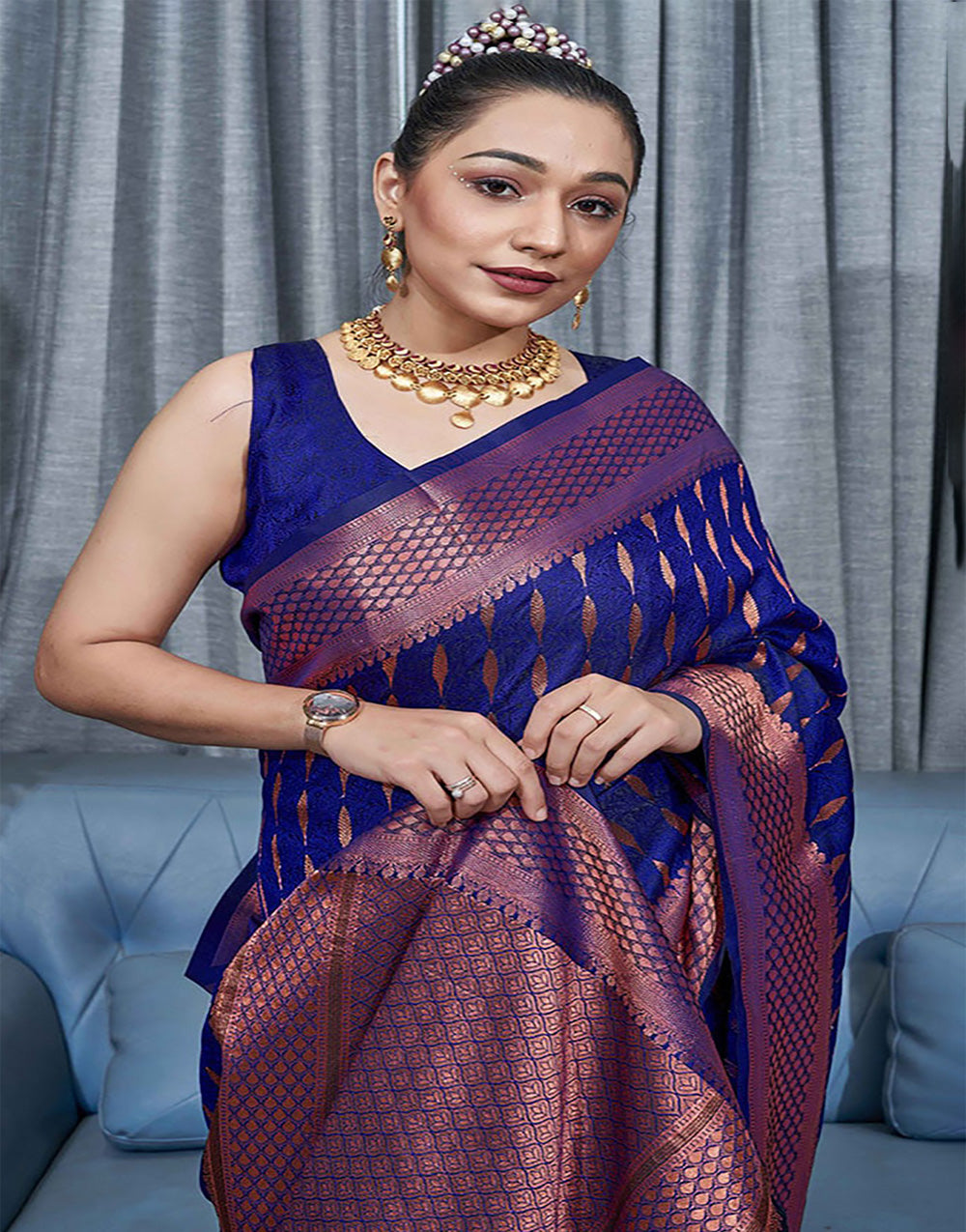 Royal Blue Banarasi Soft Silk Saree With Zari Weaving Work
