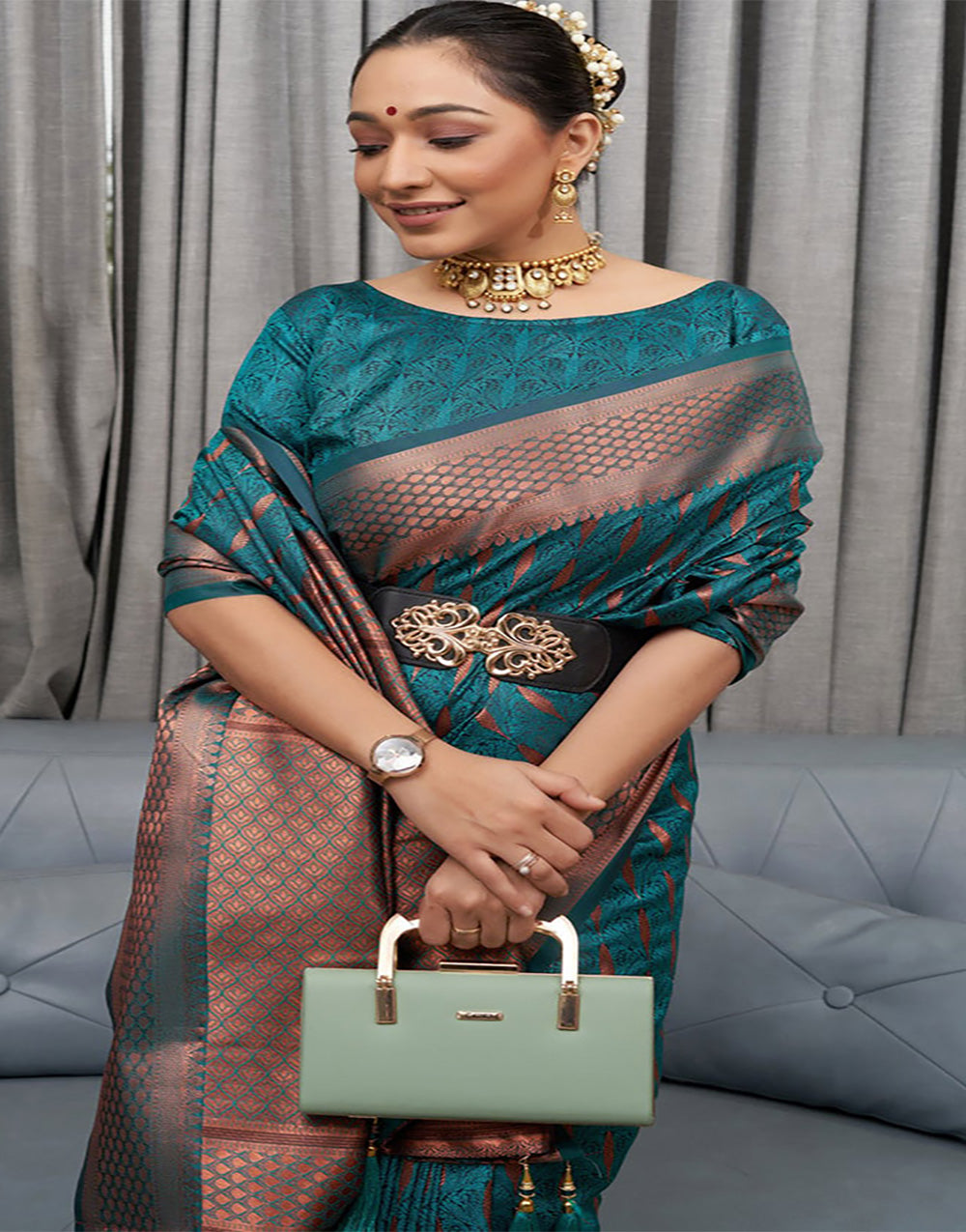 Teal Blue Banarasi Soft Silk Saree With Zari Weaving Work