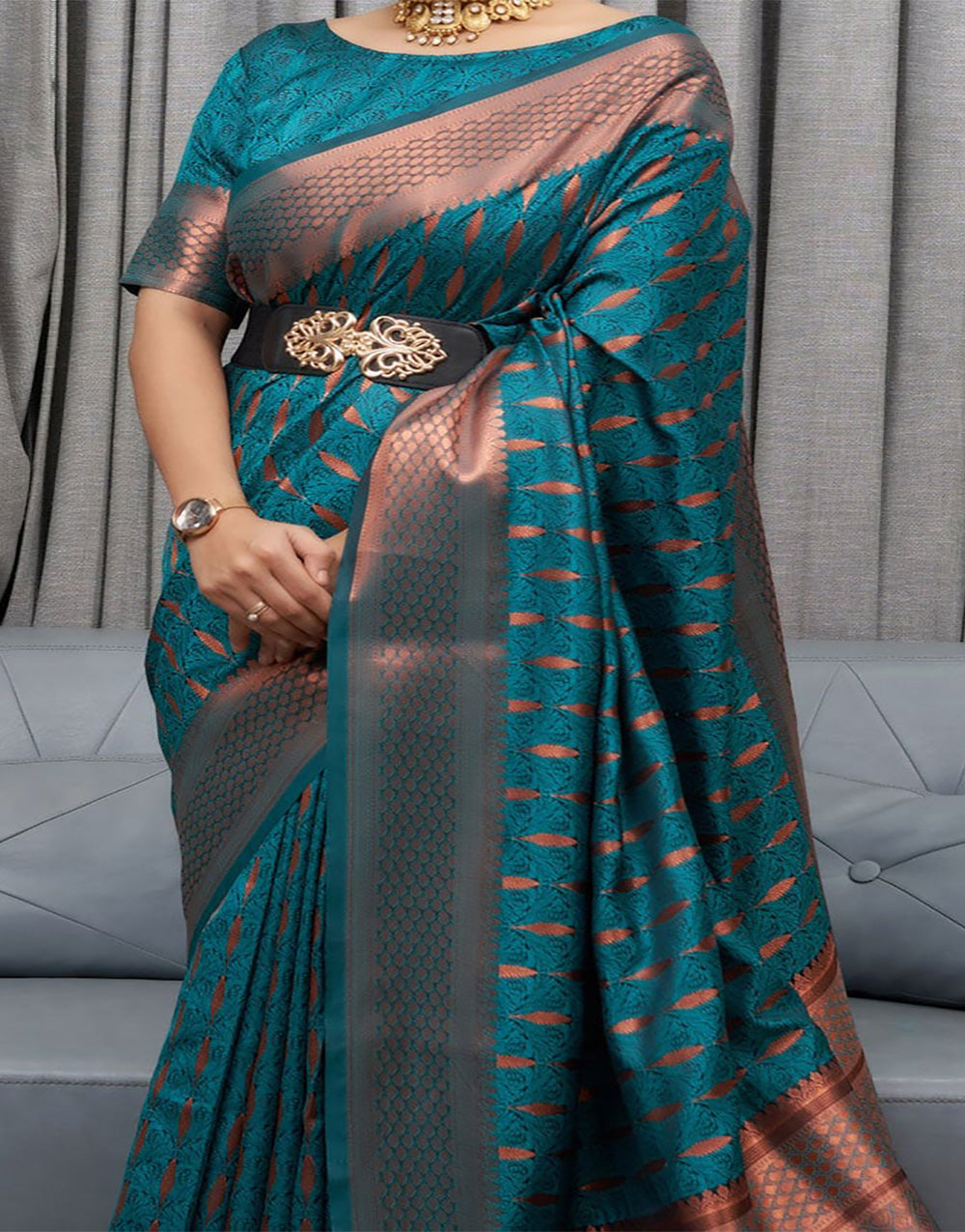 Teal Blue Banarasi Soft Silk Saree With Zari Weaving Work