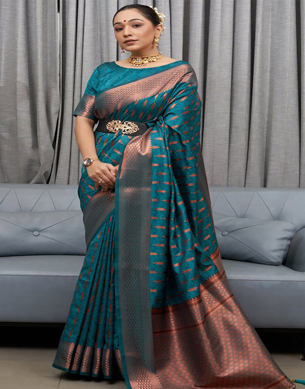 Teal Blue Banarasi Soft Silk Saree With Zari Weaving Work