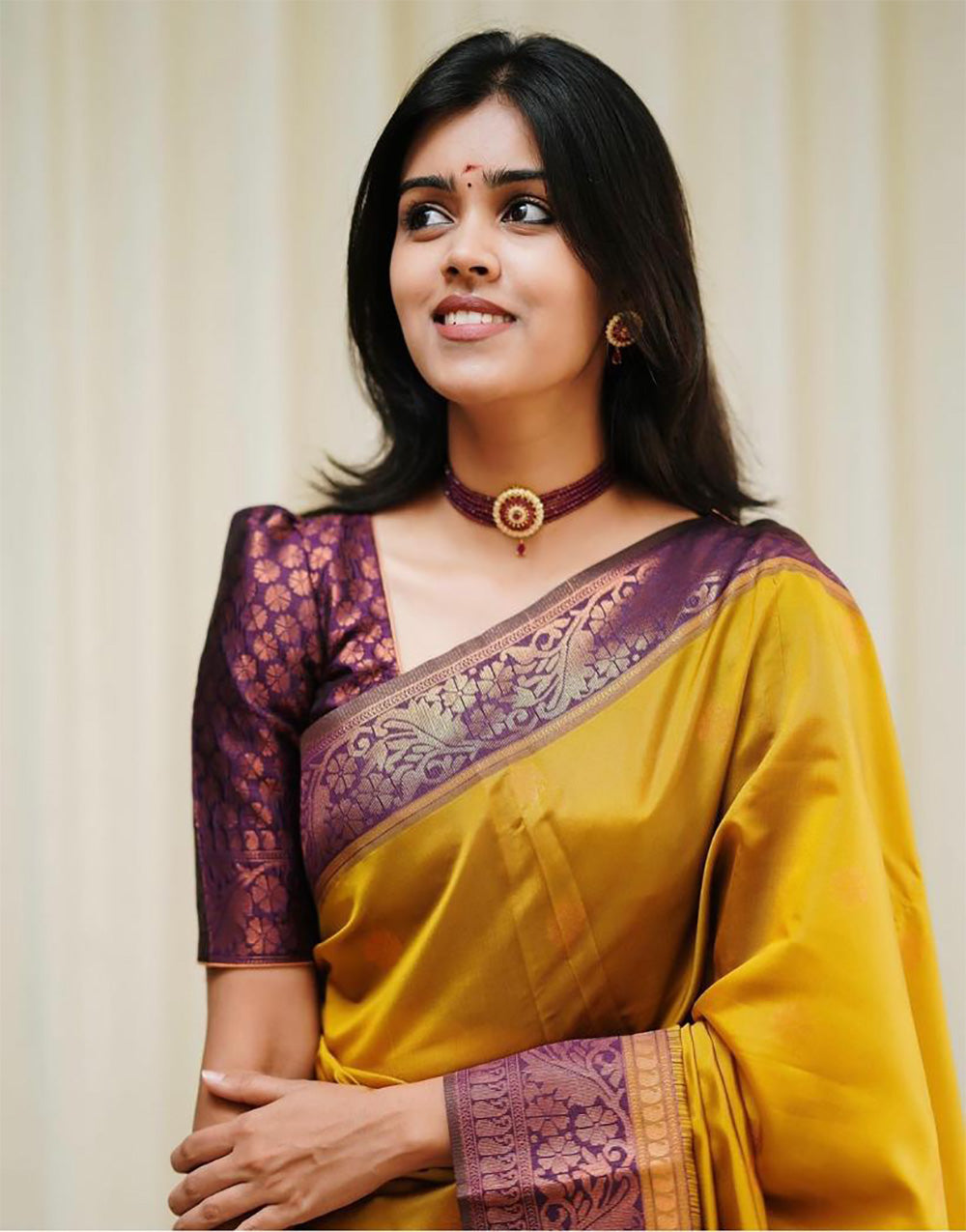 Wine & Yellow Banarasi Soft Silk Saree With Weaving Work