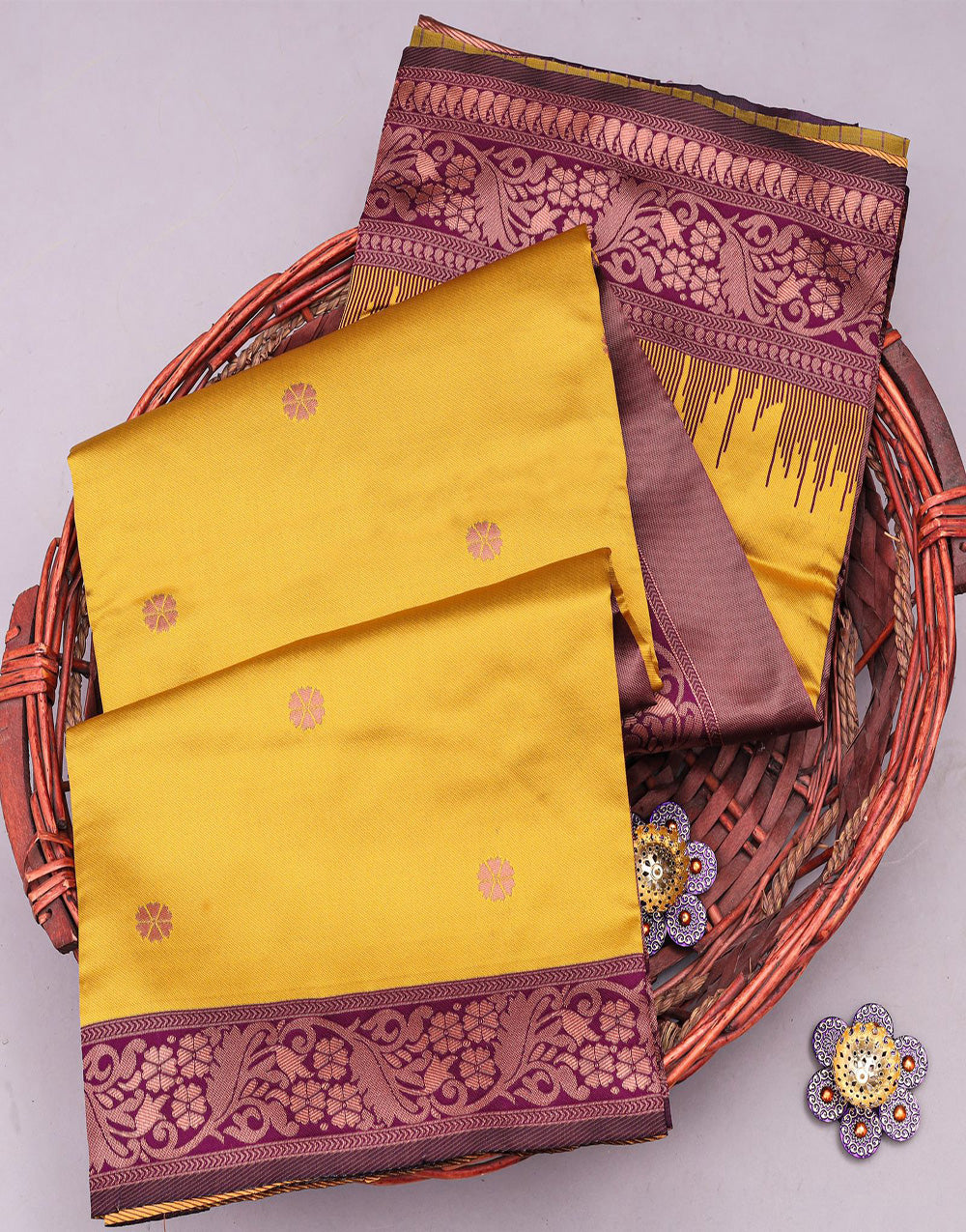 Wine & Yellow Banarasi Soft Silk Saree With Weaving Work