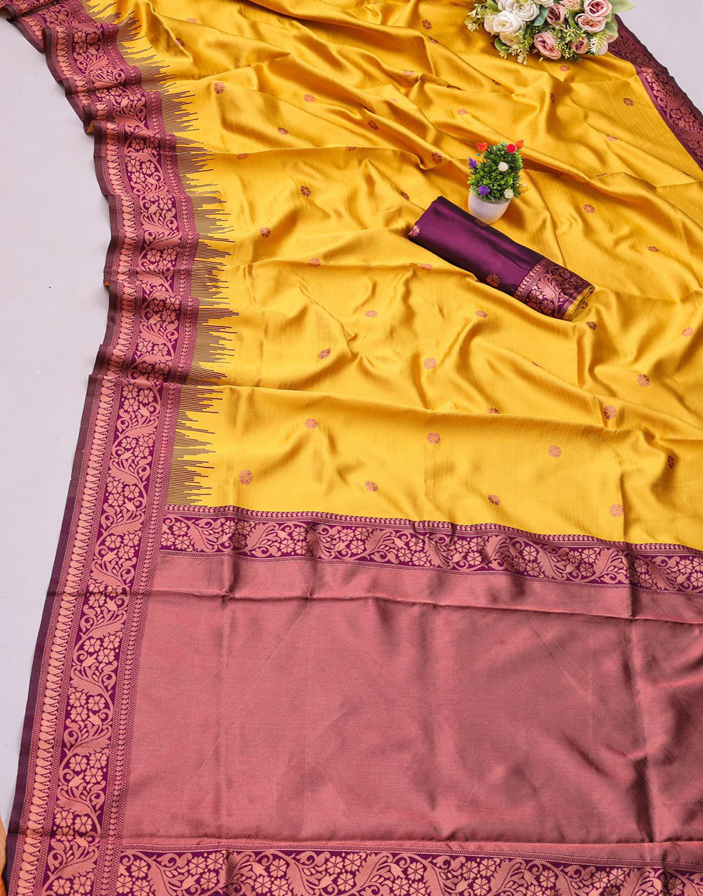 Wine & Yellow Banarasi Soft Silk Saree With Weaving Work