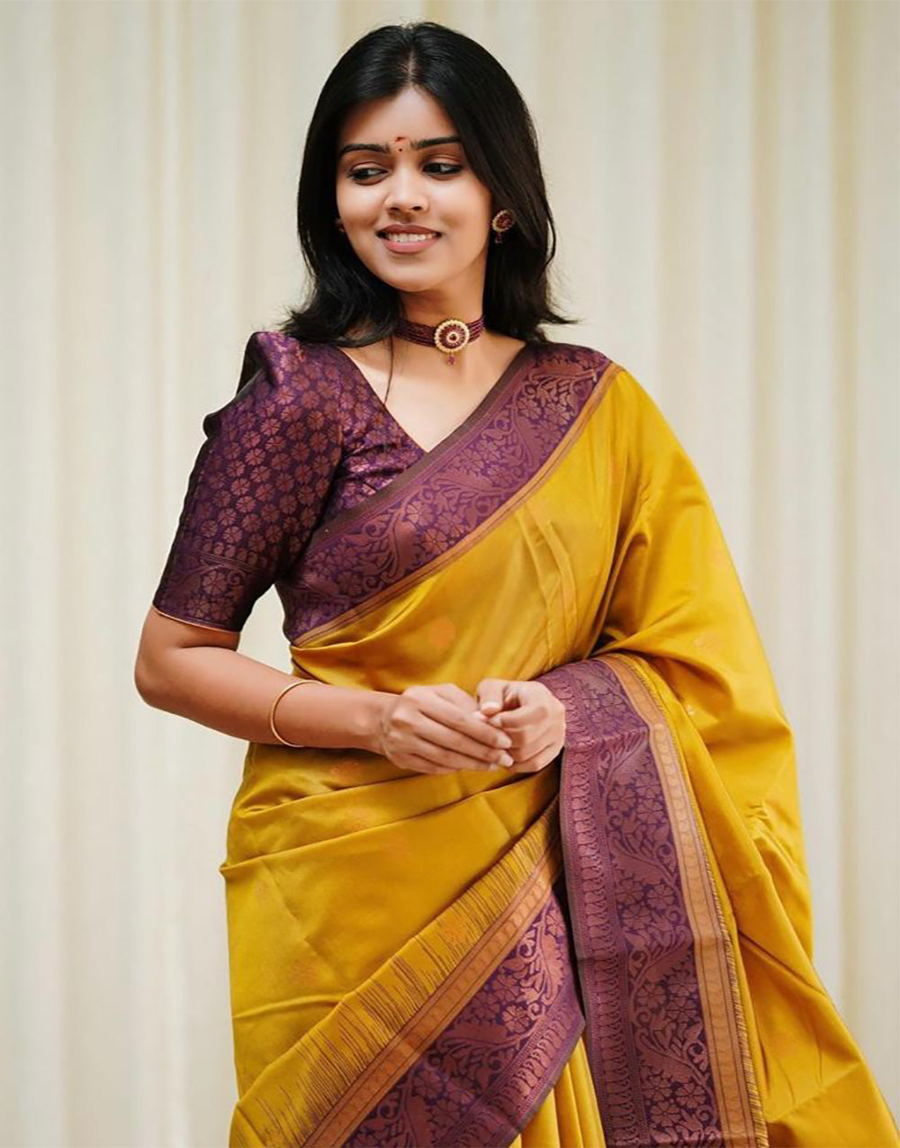 Wine & Yellow Banarasi Soft Silk Saree With Weaving Work