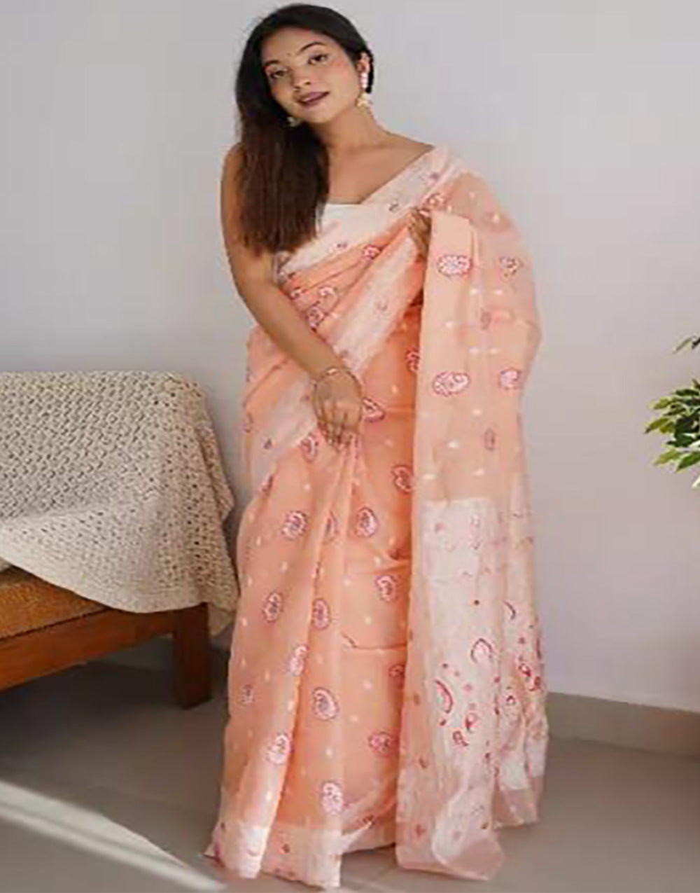 Creamy Peach Soft Linen Cotton Saree With Weaving Border