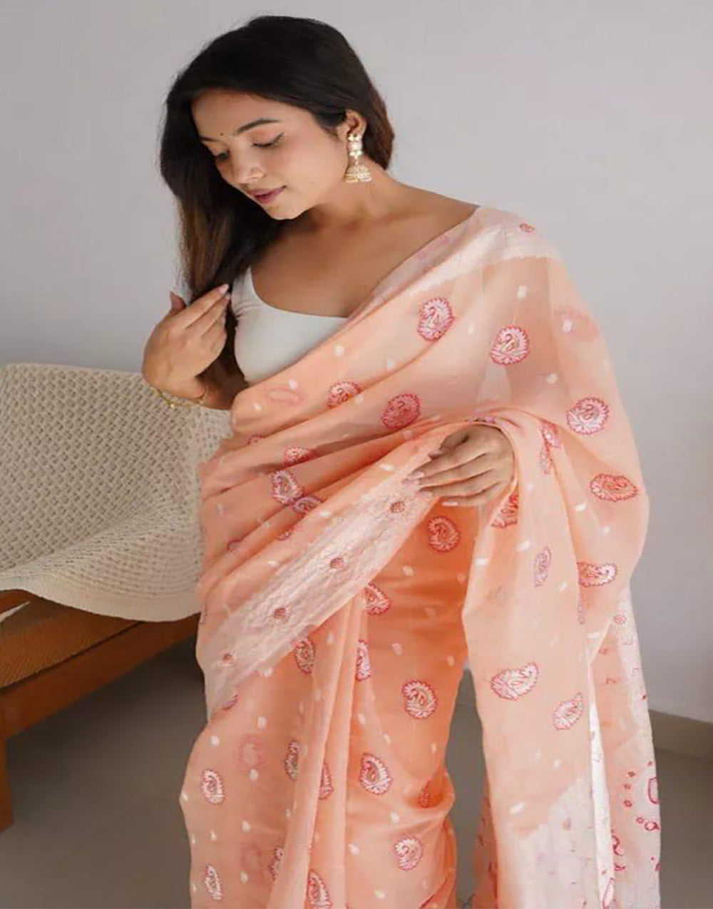 Creamy Peach Soft Linen Cotton Saree With Weaving Border
