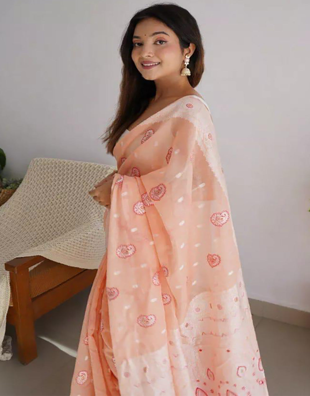 Creamy Peach Soft Linen Cotton Saree With Weaving Border