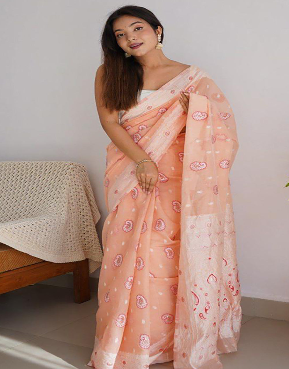 Creamy Peach Soft Linen Cotton Saree With Weaving Border