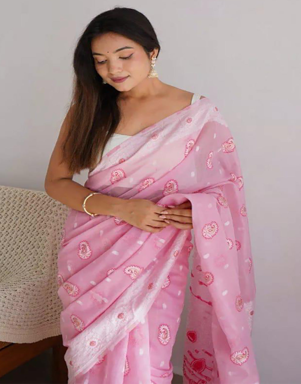 Light Pink Soft Linen Cotton Saree With Weaving Work