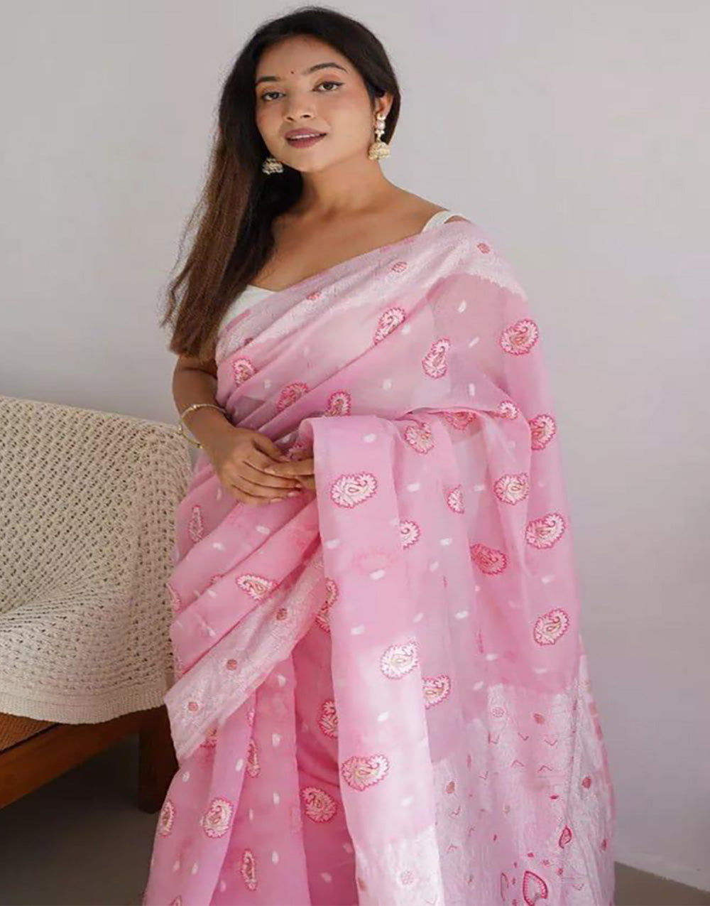 Light Pink Soft Linen Cotton Saree With Weaving Work