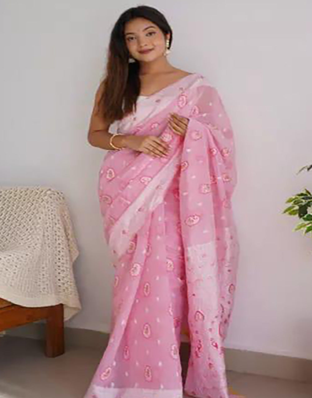 Light Pink Soft Linen Cotton Saree With Weaving Work
